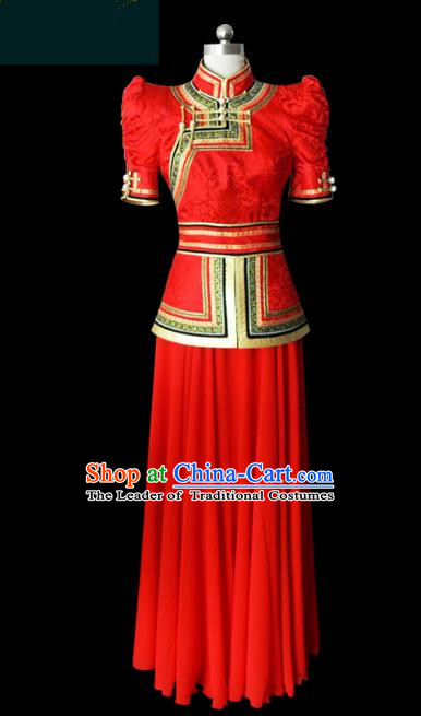 Traditional Chinese Mongol Nationality Folk Dance Costume Red Mongolian Robe, Chinese Mongolian Minority Nationality Princess Embroidery Costume for Women