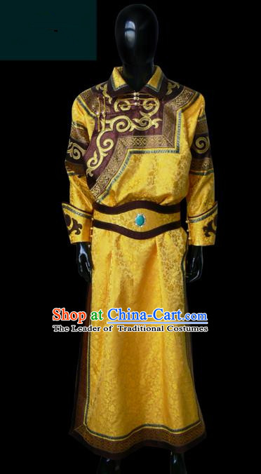 Traditional Chinese Mongol Nationality Dance Costume Golden Mongolian Robe, Chinese Mongolian Minority Nationality Royal Highness Clothing for Men