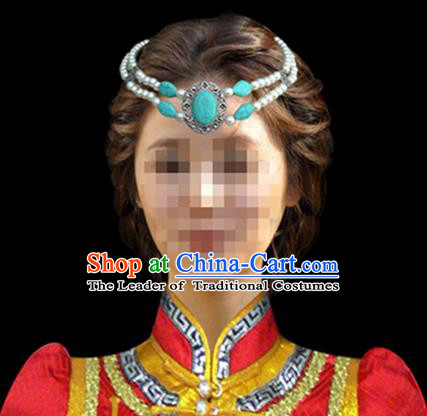 Traditional Chinese Mongol Nationality Hair Accessories Mongols Princess Blue Turquoise Headband, Chinese Mongolian Minority Nationality Headwear for Women