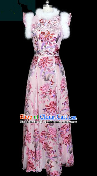 Traditional Chinese Modern Dancing Compere Performance Costume, Opening Classic Chorus Singing Group Dance Pink Cheongsam for Women