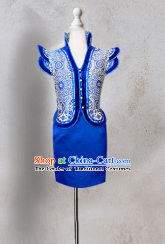 Traditional Chinese Mongol Nationality Costume Blue Short Mongolian Robe, Chinese Mongolian Minority Nationality Dress Clothing for Women