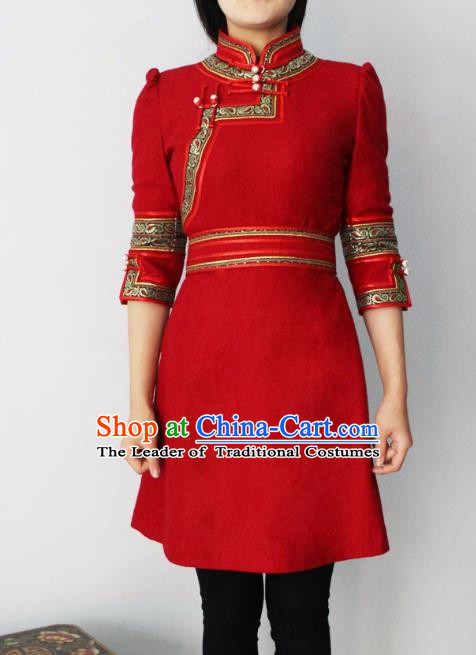 Traditional Chinese Mongol Nationality Dance Costume Red Short Dress, Chinese Mongolian Minority Nationality Princess Mongolian Robe for Women