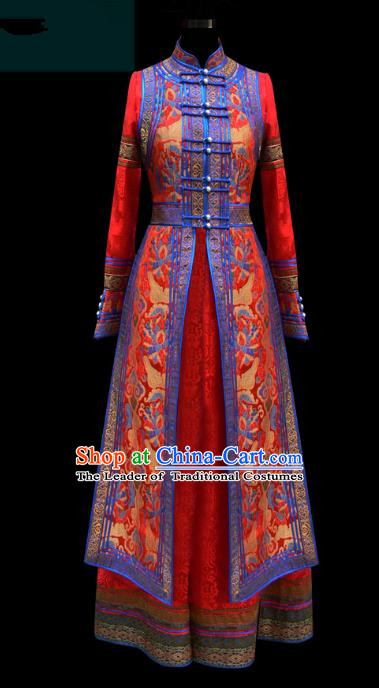 Traditional Chinese Mongol Nationality Costume Wedding Dress, Chinese Mongolian Minority Nationality Princess Bride Red Mongolian Robe for Women