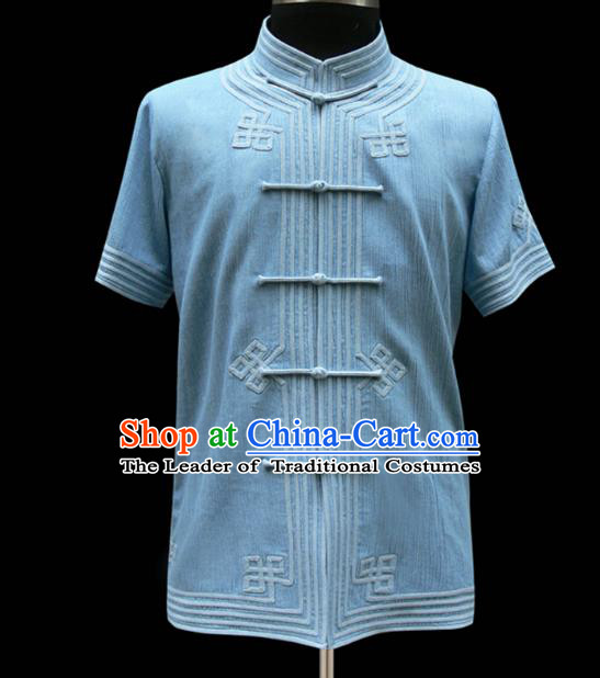 Traditional Chinese Mongol Nationality Costume Blue Shirt, Chinese Mongolian Minority Nationality Upper Outer Garment for Men