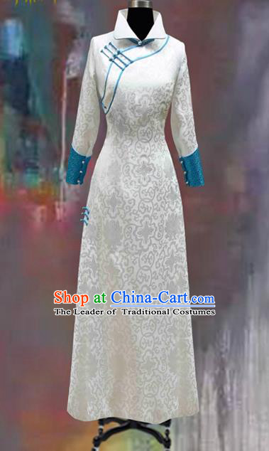 Traditional Chinese Mongol Nationality Costume White Mongolian Robe, Chinese Mongolian Minority Nationality Dance Clothing for Women