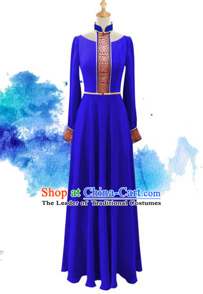 Traditional Chinese National Costume Elegant Hanfu Blue Long Dress, China Tang Suit Plated Buttons Chirpaur Cheongsam Qipao for Women