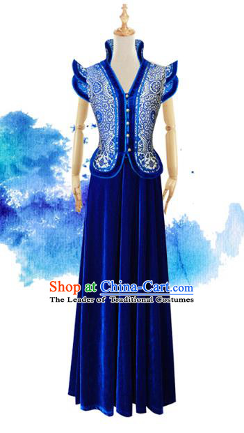 Traditional Chinese National Costume Elegant Hanfu Blue Mongolia Dress, China Tang Suit Chirpaur Cheongsam Qipao for Women