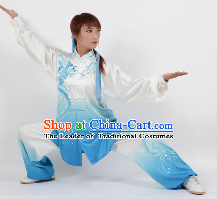 Top Kung Fu Costume Martial Arts Costume Kung Fu Training Blue Uniform, Gongfu Shaolin Wushu Embroidery Phoenix Tai Ji Clothing for Women