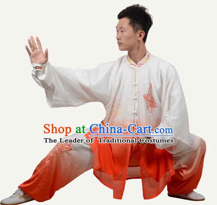 Top Kung Fu Costume Martial Arts Costume Kung Fu Training Orange Three-Piece Uniform, Gongfu Shaolin Wushu Embroidery Tai Ji Clothing for Men