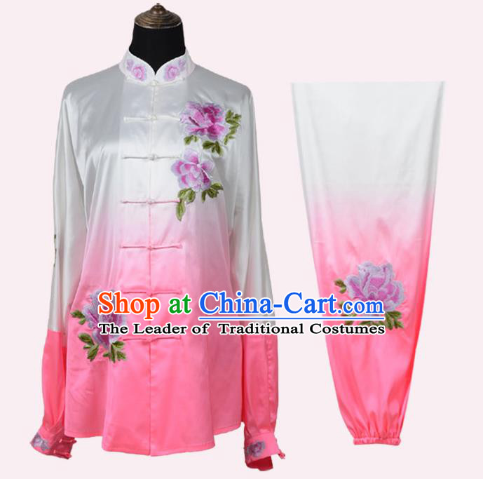 Top Kung Fu Costume Martial Arts Costume Kung Fu Training Pink Uniform, Gongfu Shaolin Wushu Embroidery Peony Tai Ji Clothing for Women