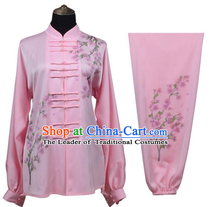 Top Kung Fu Costume Martial Arts Costume Kung Fu Training Pink Uniform, Gongfu Shaolin Wushu Embroidery Plum Blossom Tai Ji Clothing for Women