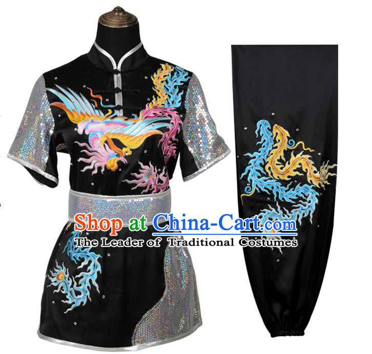 Top Kung Fu Costume Martial Arts Costume Kung Fu Training Black Uniform, Gongfu Shaolin Wushu Embroidery Dragon and Phoenix Tai Ji Clothing for Women