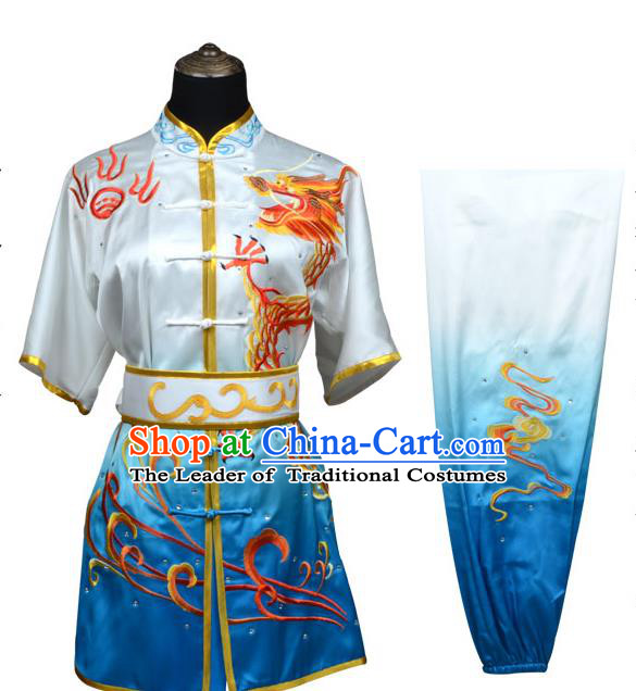 Top Kung Fu Costume Martial Arts Costume Kung Fu Training Blue Uniform, Gongfu Shaolin Wushu Embroidery Dragon Tai Ji Clothing for Women
