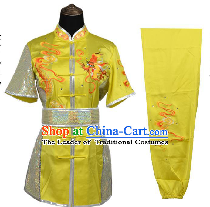 Top Kung Fu Costume Martial Arts Costume Kung Fu Training Yellow Rhinestone Uniform, Gongfu Shaolin Wushu Embroidery Tai Ji Clothing for Women