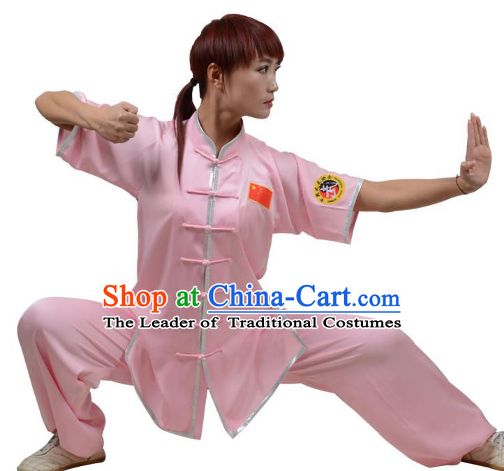 Top Kung Fu Costume Martial Arts Costume Kung Fu Training Plated Buttons Pink Uniform, Gongfu Shaolin Wushu Tai Ji Clothing for Women for Men
