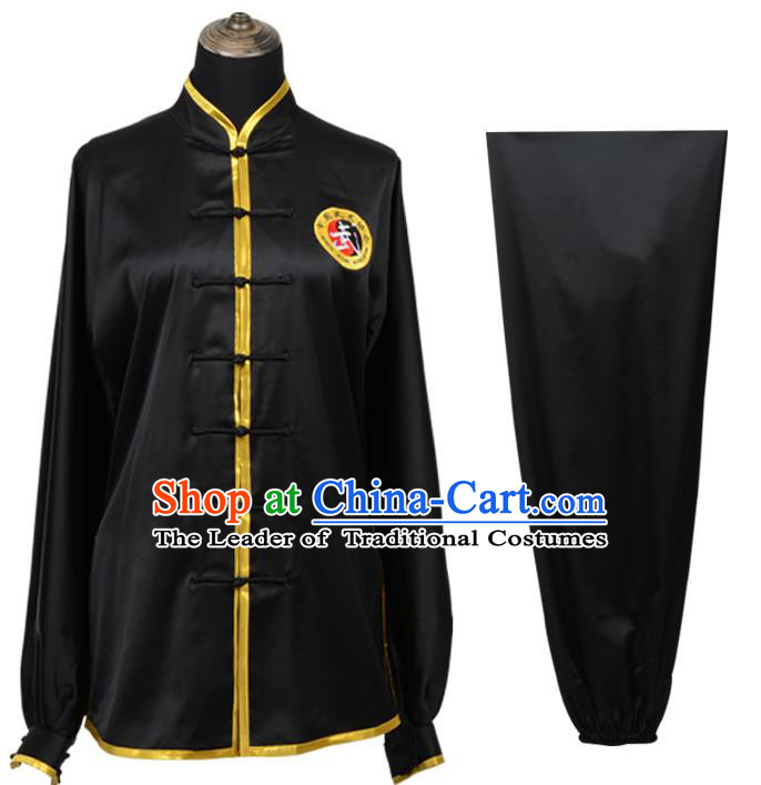 Top Kung Fu Costume Martial Arts Costume Kung Fu Training Plated Buttons Black Uniform, Gongfu Shaolin Wushu Tai Ji Clothing for Women for Men