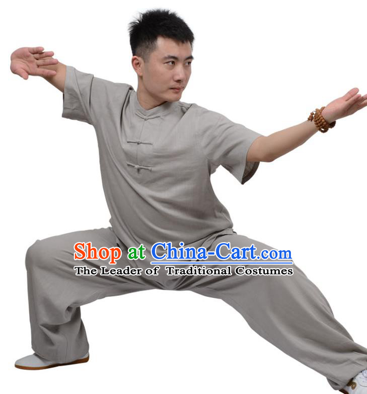 Top Kung Fu Linen Costume Martial Arts Costume Kung Fu Training Plated Buttons Grey Uniform, Gongfu Shaolin Wushu Tai Ji Clothing for Women for Men