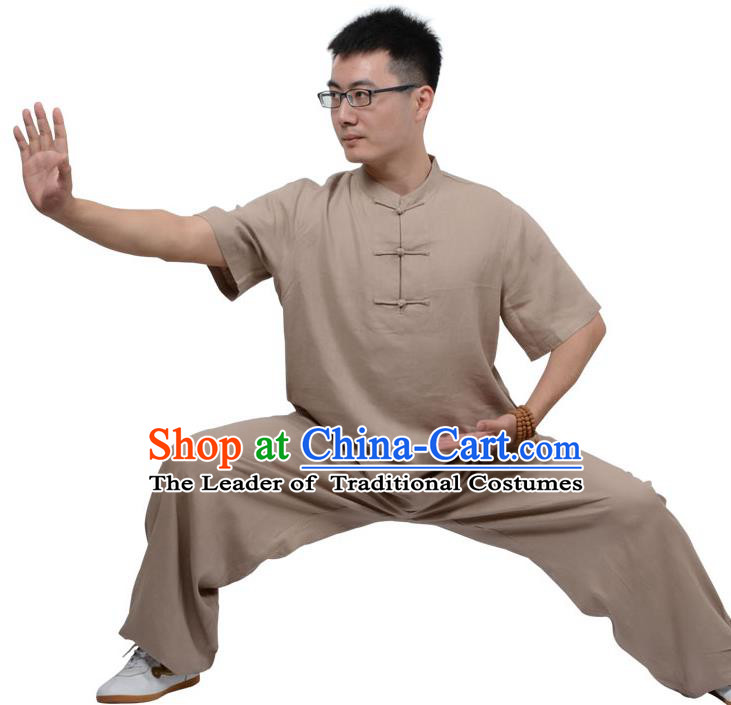 Top Kung Fu Linen Costume Martial Arts Costume Kung Fu Training Plated Buttons Brown Uniform, Gongfu Shaolin Wushu Tai Ji Clothing for Women for Men
