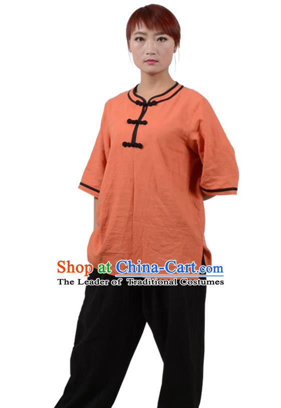 Top Kung Fu Linen Costume Martial Arts Costume Kung Fu Training Plated Buttons Orange Uniform, Gongfu Shaolin Wushu Tai Ji Clothing for Women for Men