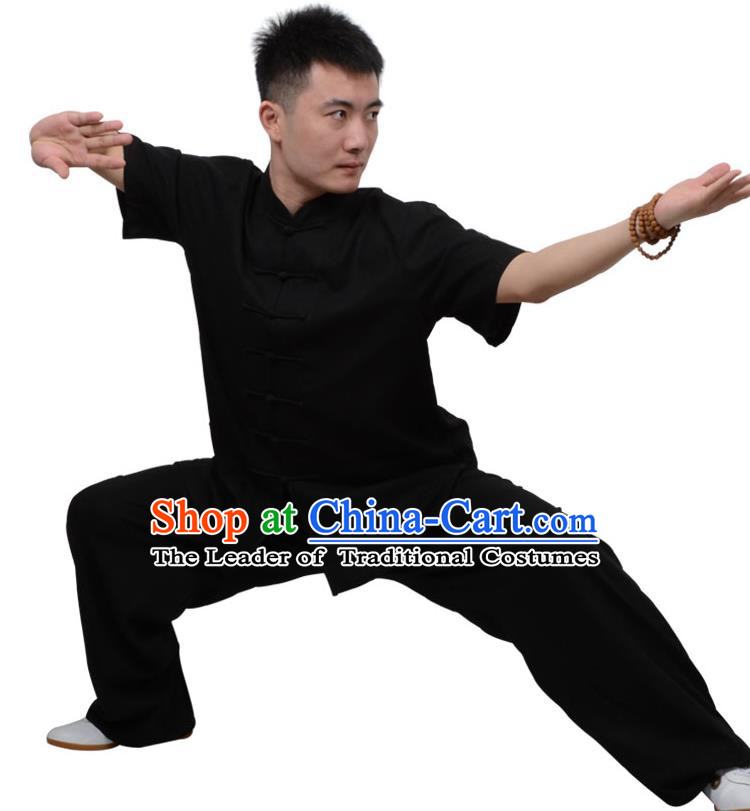 Top Kung Fu Linen Costume Martial Arts Costume Kung Fu Training Short Sleeve Black Uniform, Gongfu Shaolin Wushu Tai Ji Plated Buttons Clothing for Women for Men