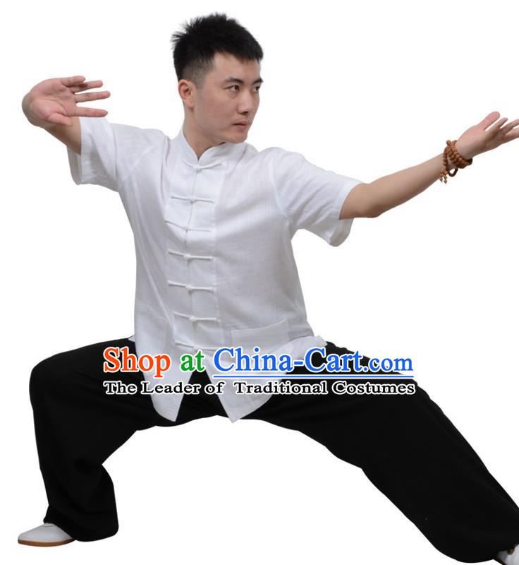 Top Kung Fu Linen Costume Martial Arts Costume Kung Fu Training Short Sleeve White Uniform, Gongfu Shaolin Wushu Tai Ji Plated Buttons Clothing for Women for Men