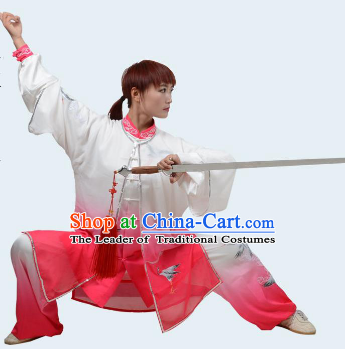 Top Kung Fu Costume Martial Arts Costume Kung Fu Training Gradient Pink Uniform, Gongfu Shaolin Wushu Embroidery Crane Tai Ji Clothing for Women for Men
