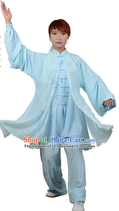 Top Kung Fu Costume Martial Arts Costume Kung Fu Training Blue Uniform, Gongfu Shaolin Wushu Embroidery Crane Tai Ji Three-Piece Clothing for Women for Men