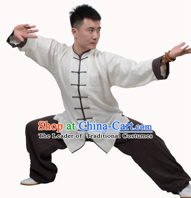 Top Kung Fu Linen Costume Martial Arts Costume Kung Fu Training White Shirt and Brown Pants, Tai Ji Plated Buttons Uniform Gongfu Wushu Clothing for Women for Men