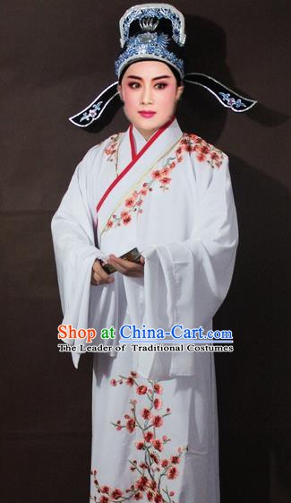 Traditional China Beijing Opera Niche Costume White Embroidered Robe, Chinese Peking Opera Scholar Embroidery Clothing
