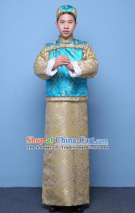 Traditional Ancient Chinese Qing Dynasty Prince Costume, China Manchu Nobility Childe Embroidered Blue Mandarin Jacket Clothing for Men