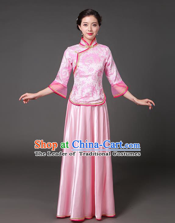 Traditional Chinese Republic of China Nobility Lady Clothing, China National Pink Cheongsam Blouse and Skirt for Women