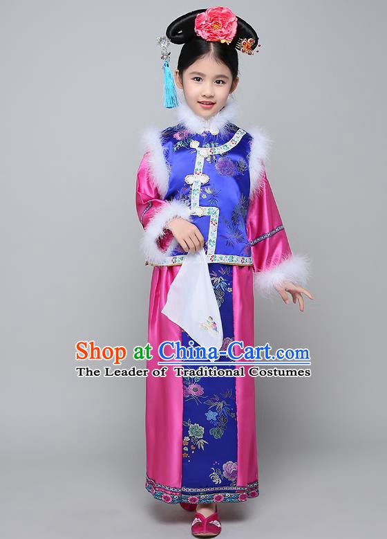 Traditional Ancient Chinese Qing Dynasty Manchu Lady Costume, Chinese Mandarin Princess Embroidered Clothing for Kids