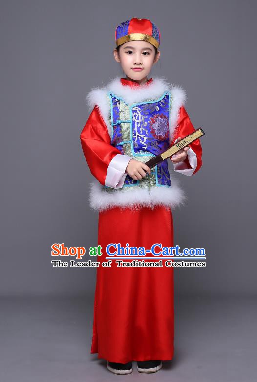 Traditional Ancient Chinese Qing Dynasty Manchu Prince Costume, Chinese Mandarin Nobility Childe Embroidered Clothing for Kids