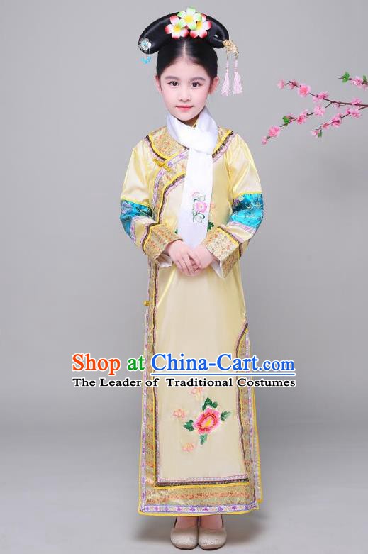 Traditional Ancient Chinese Qing Dynasty Princess Yellow Costume, Chinese Manchu Lady Embroidered Clothing for Kids