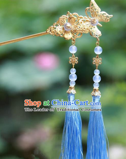 Traditional Chinese Handmade Hair Accessories Hairpins Hanfu Blue Tassel Step Shake for Kids