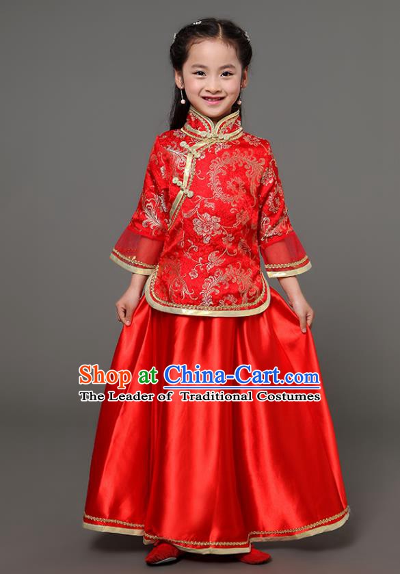 Traditional Chinese Republic of China Children Xiuhe Suit Clothing, China  National Embroidered Red Cheongsam Blouse and