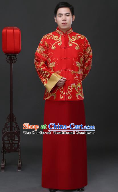 Ancient Chinese Wedding Costume China Traditional Bridegroom Embroidered Red Toast Clothing for Men