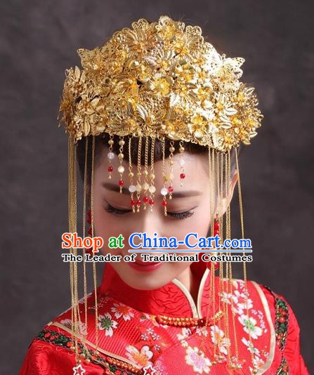 Traditional Handmade Chinese Classical Hair Accessories Bride Wedding Tassel Phoenix Coronet Hairpins for Women