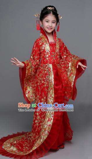 Traditional Chinese Tang Dynasty Imperial Concubine Costume, China Ancient Palace Lady Hanfu Embroidered Red Dress for Kids
