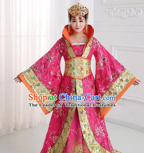 Traditional Chinese Tang Dynasty Imperial Concubine Rosy Costume, China Ancient Palace Lady Hanfu Embroidered Trailing Dress for Women