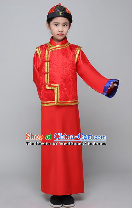 Traditional Ancient Chinese Qing Dynasty Children Prince Costume, China Manchu Bridegroom Mandarin Embroidered Robe for Kids