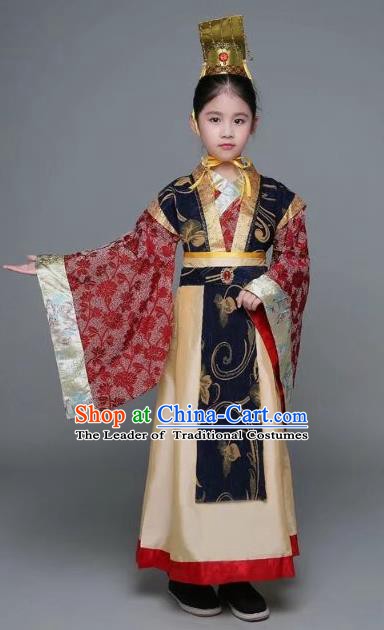 Traditional Chinese Han Dynasty Prime Minister Costume, China Ancient Chancellor Hanfu Embroidered Clothing for Kids