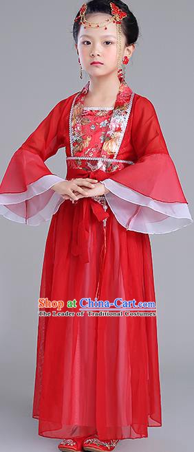 Traditional Chinese Tang Dynasty Princess Costume, China Ancient Fairy Embroidered Red Dress Clothing for Kids