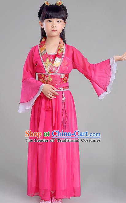 Traditional Chinese Tang Dynasty Princess Costume, China Ancient Fairy Embroidered Rosy Dress Clothing for Kids