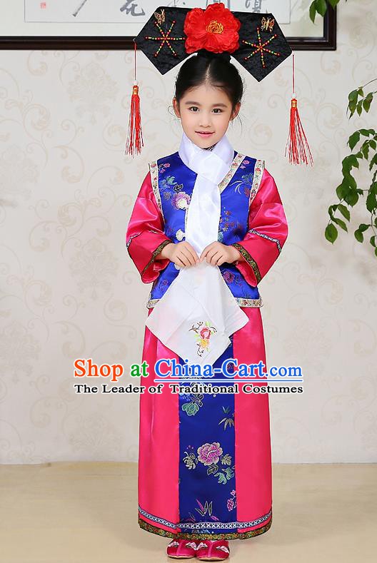 Traditional Chinese Qing Dynasty Children Princess Rosy Costume, China Manchu Palace Lady Embroidered Clothing for Kids