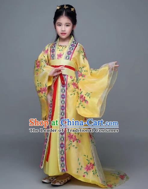 Traditional Chinese Tang Dynasty Palace Lady Yellow Costume, China Ancient Imperial Concubine Hanfu Trailing Dress for Kids