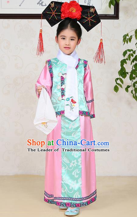 Traditional Chinese Qing Dynasty Princess Costume, China Manchu Palace Lady Embroidered Clothing for Kids