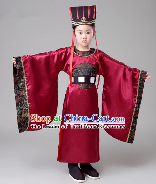 Traditional Chinese Han Dynasty Minister Costume, China Ancient Chancellor Embroidered Clothing for Kids