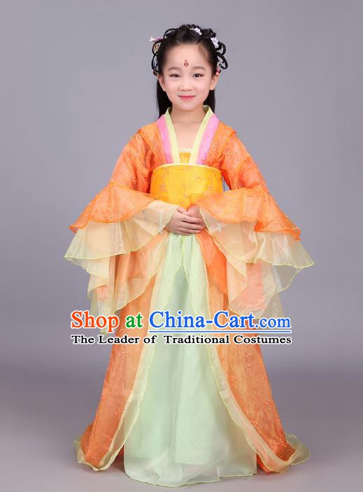 Traditional Chinese Tang Dynasty Palace Lady Orange Costume, China Ancient Imperial Consort Embroidered Hanfu Clothing for Kids