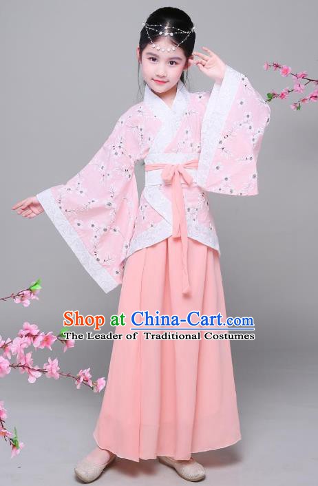 Traditional Chinese Han Dynasty Children Costume, China Ancient Princess Hanfu Pink Curving-front Robe for Kids